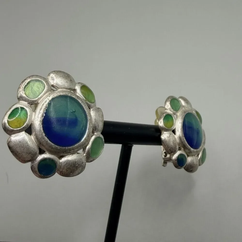 VTG Anne Klein Round Western Boho Clip On Earrings Silver Tone Floral Blue Green